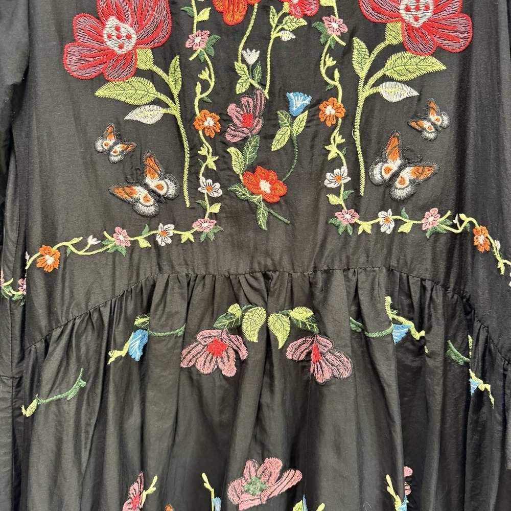 Zara Babydoll Boho Floral Butterfly Cotton Gauzy Embroidered Swing Dress M Black - Picture 9 of 11